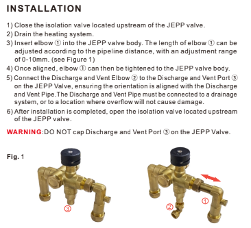 Figure 1: JEPP valve showing adjustable elbow ①, discharge and vent elbow ②, and discharge and vent port ③.