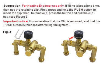 Figure 3: Two views of the JEPP valve showing the retaining clip and the PUSH button, with a red arrow indicating the clip position.